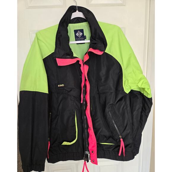 Vintage 90's Columbia Rain Sport Ski Zip-up Powder Keg Jacket Black Green Large - Picture 1 of 6